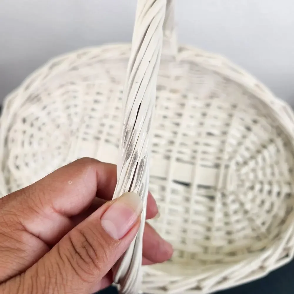 Vintage White Flat Wicker Gathering Basket With Handle Harvest Garden Farmhouse
